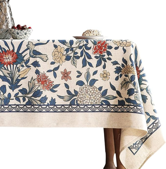 patdrea Designer Blue Tablecloth for Rectangle Tables,Vintage Linen with Leaves and Flowers Pattern Tablecloths,Farmhouse Floral Table Cover Cloth Decor for Kitchen Dining Christmas,63"*87"