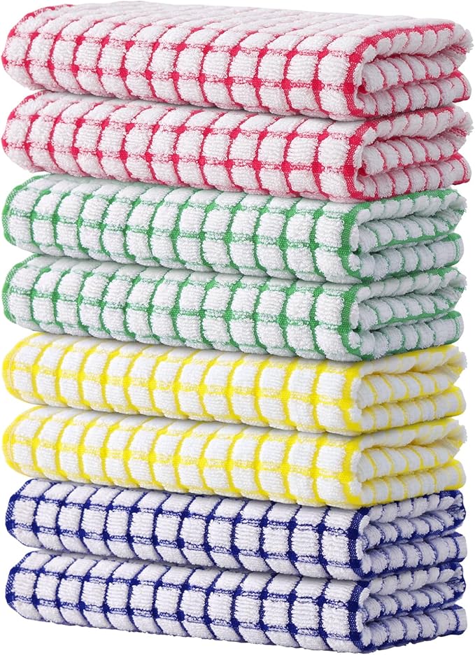 Kitinjoy Cotton 8 Pack Terry Kitchen Towels, 16 x 25 Inches Super Soft and Absorbent Dish Towels, Quick Drying Hand Towels for Kitchen Drying, Multiple Colour