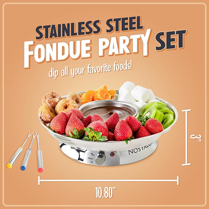 Nostalgia Electric Fondue Party Set – 10 oz Melting Pot, 4 Roasting Forks, & Detachable Serving Tray – Melted Cheese, Chocolate, or Dessert – Perfect for Gifts, Parties, Date Night – Stainless Steel