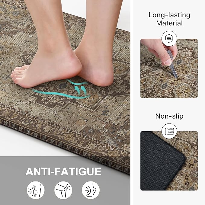 GENIMO Kitchen Mats for Floor 2PCs, Washable Anti Fatigue Mat for Cushioned, 17.3"x47"+17.3"x30", Waterproof Kitchen Rugs, Non Slip Comfort Standing Mat Rug for Home, Sink, Laundry, Rustic Brown