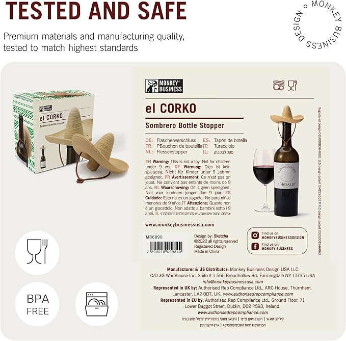 Silicone Wine Stopper/Fun Sombrero shaped cap seals bottle and keeps wine fresh/Cute Wine Accessories/ Kitchen Gadgets/el Corko Bottle Stopper by Monkey Business