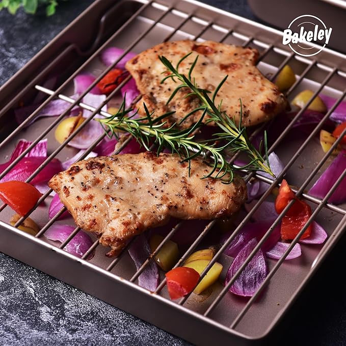 Roasting Pan with Rack, 11-Inch Non-Stick Square Shallow Dish Sheet Pan with Wire Rack for Oven Baking, BBQ and Roasting 11.2" x 11.2" x 1.3" (Champagne Gold)