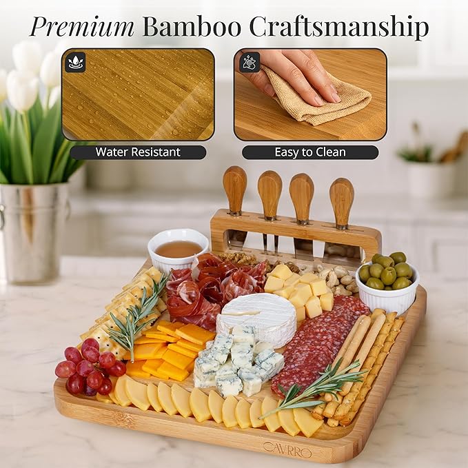 Charcuterie Board Set – Bamboo Cheese Platter with Knives, Bowls & Round Tray – Eco-Friendly Gift for Housewarming, Weddings & Parties – Wood Serving Board for Entertaining