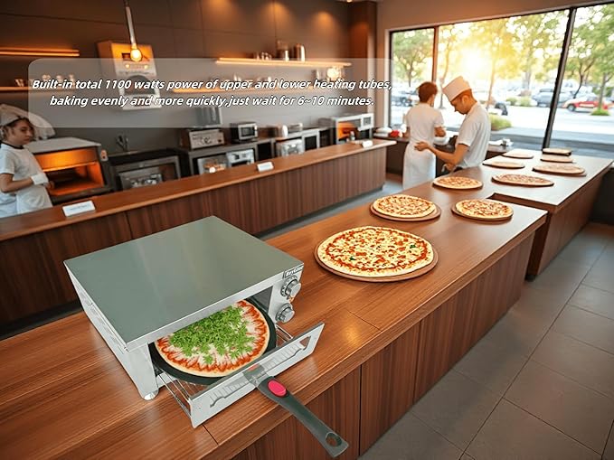 12 Inch Electric Pizza Oven Indoor, Countertop Pizza Oven with Visual Window, Commercial Pizza Maker with Removable Handle, Stainless Steel Pizza Cooker (Silver)
