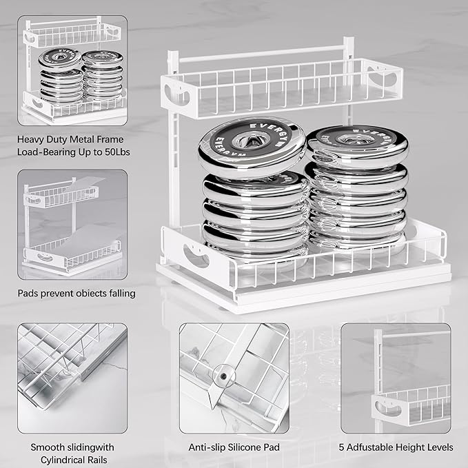 Under Sink Organizer with Pull-Out Drawers,Kitchen Sink Organizer,2 Tier Bathroom Organizers And Storage,Bathroom Accessories Set,White 1 Pack