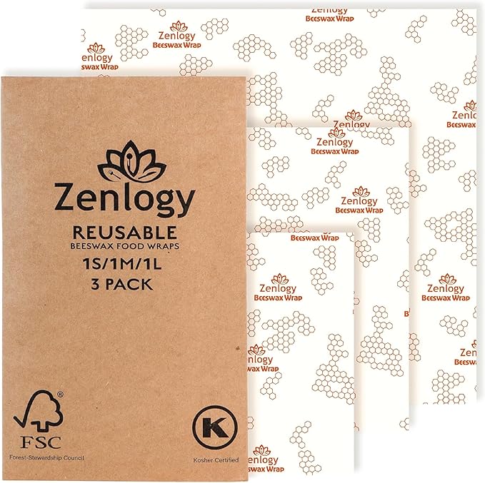 Zenlogy Reusable Beeswax Food Storage Wrap, Eco Friendly Alternative, Sustainable Organic Cut to Size Cotton Beeswax Wraps, 3 Pack (13" x 14", 10" x 11", 7" x 8")