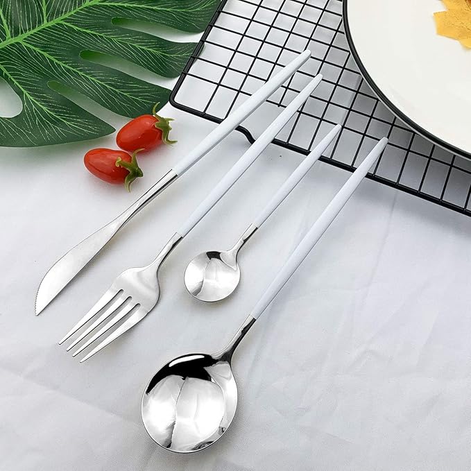 JASHII Flatware Serving Set 24 Piece, Stainless Steel Silverware Set, White Silver Cutlery Set, Modern Elegant Tableware Set for Party, Christmas, Dinner (White Silver)