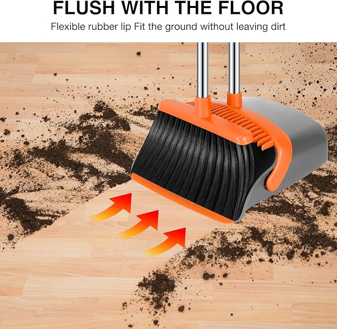 NACENA Broom and Dustpan Set, 52-in Long Adjustable Handle Broom Dustpan Combo with Dustpan Teeth to Automatically Clean Hair Suitable for Home Kitchen Office Hall Floor（Grey&Orange）