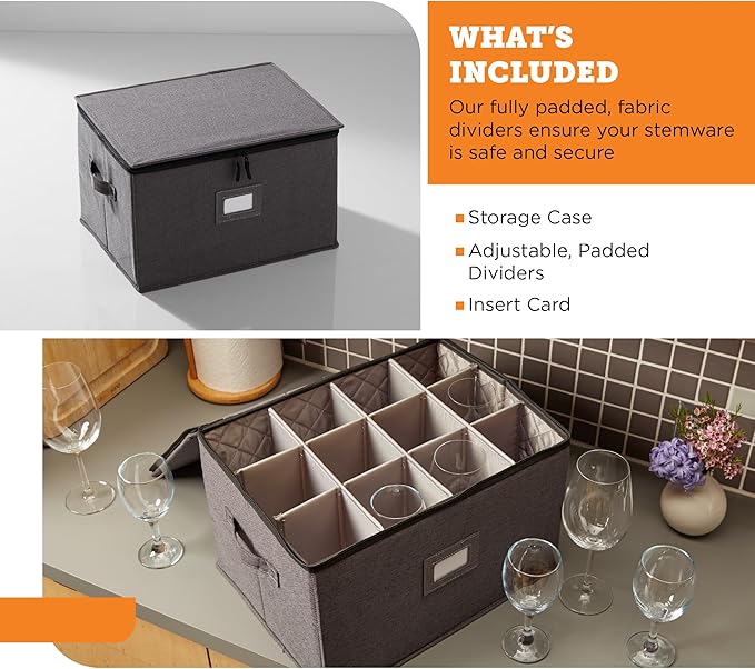 storageLAB Wine Glass Storage Containers, Hard Shell Organizer for Stemware and Glassware Sets, Stackable Wine Glass Storage Box with Dividers for Kitchen and Moving Supplies - 1 Pack, Gray