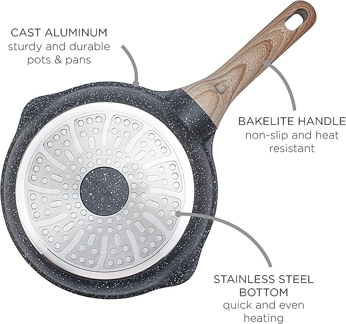 Country Kitchen Non-Stick Cast Aluminum Cookware Set - Durable Kitchen Cookware for Everyday Cooking, Grey, 11 Pc.