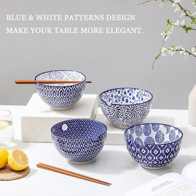 Selamica Ceramic Ramen Bowls Set, 15 OZ Noodle Bowls for Kitchen with Chopsticks, Deep Soup Bowls for Japanese Ramen Udon Soba, Microwave Dishwasher Safe, Set of 4, Vintage Blue