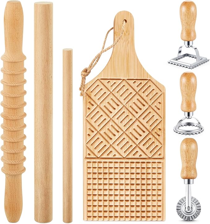 Tioncy 7 Pcs Pasta Making Tool Set Wood Gnocchi Board with Ravioli Stamp Ravioli Maker and Rolling Pin Homemade Gnocco Maker Kitchen Gift for Christmas Baking Lovers(Design Gnocchi Board Set)