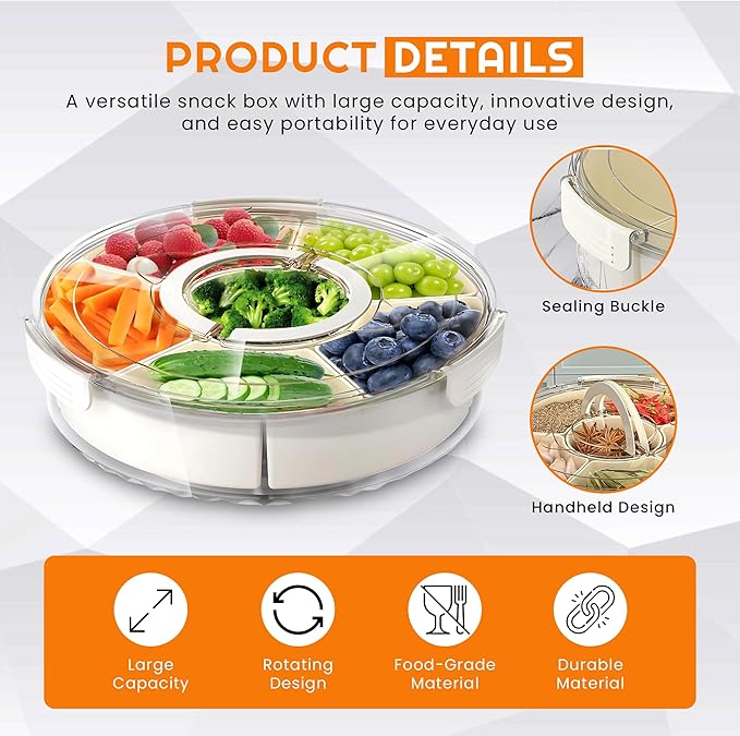 Rotating Snack Box Container - Large Divided Serving Tray with Lid - Snack Spinner for Kids -Pie Carrier,Mess-Free Snack Container - Veggie Tray with Lid for Fridge - Spinning Snack Container
