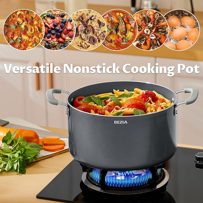 8 Quart Pot with Lid, BEZIA Ceramic Nonstick Stock Pot with Lid, Induction Ready, Large Cooking Pot with Silicone Handle, Compatible with All Cooktops, Dishwasher Safe