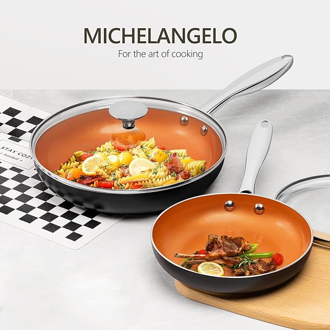 MICHELANGELO 12 Inch Frying Pan with Lid, Nonstick Copper Frying Pan, Non Stick Ceramic Skillet with Lid, Large Copper Pan Non-Stick, Induction Compatible