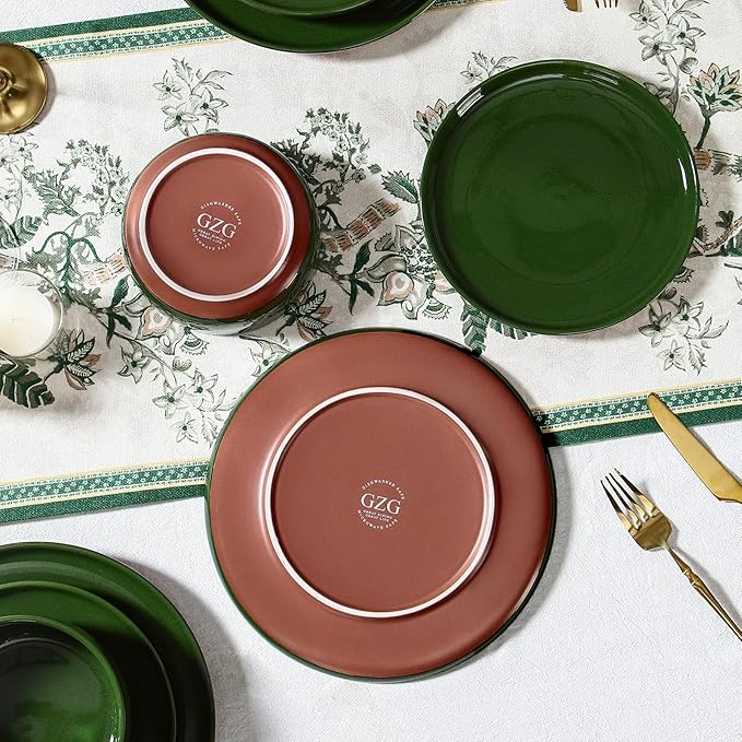 GZG Modern Art Series - 18 Pcs Speckled Stoneware Plates and Bowls Sets, Ceramic Dinnerware Set with Rustic Terracotta Underside, Microwave and Dishwasher Safe Handcrafted Dishes Set - Verdant Green