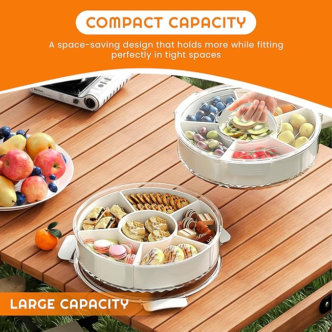 Rotating Snack Box Container - Large Divided Serving Tray with Lid - Snack Spinner for Kids -Pie Carrier,Mess-Free Snack Container - Veggie Tray with Lid for Fridge - Spinning Snack Container