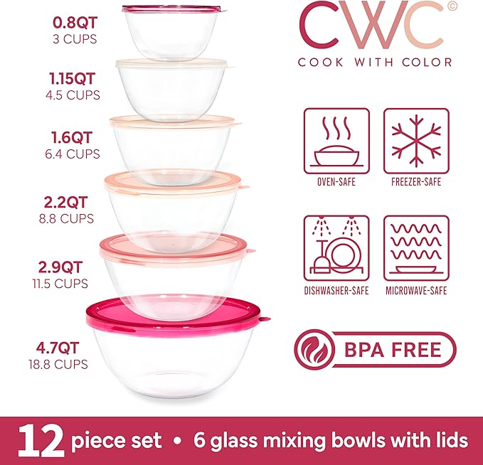 COOK WITH COLOR 12 Pc Glass Mixing Bowl Set with Lids – Borosilicate Glass Nesting Bowls for Cooking, Baking and Meal Prep, Rose