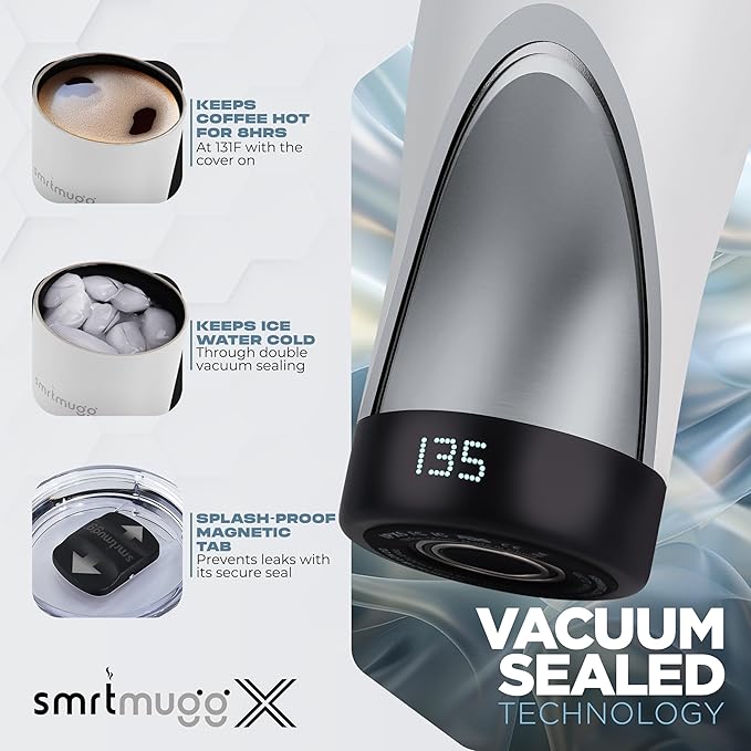 X Heated Coffee Mug 19 oz., 8 Hour Battery Life, Self-Heating, Adjustable Temp Controlled, LCD Screen, Includes Cover with Magnetic Slider (Black) (White)