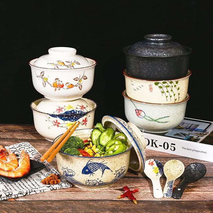 Ceramic Ramen Bowl Set, 800ml, with Lid, Spoon and Chopsticks, Japanese Vintage Large Soup Bowls Instant Noodle Bowl Asian Tableware (Color*2)