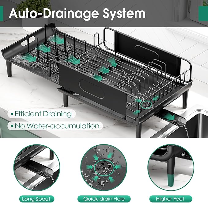 Extendable Dish Drying Rack for Kitchen Counter, Large Expandable Dish Rack with Multifunctional Drainboard for Pan Pot, Collapsible dish drainer, Foldable Plate Strainer for Home Countertop Storage