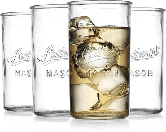 Glaver's Drinking Glasses – Set of 4 Authentic Mason Vintage Glassware – Clear Glass Tumblers for Cocktails, Water, Juice – Embossed Vintage Drinking Glasses (Highball 18 oz 7983)