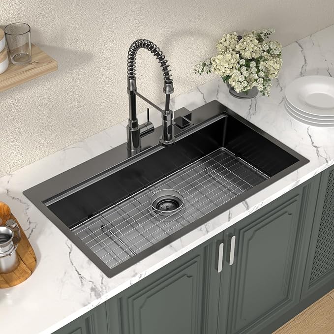 Lordear 33 Inch Black Drop In Kitchen Sink 33x19 Inch Drop in Top Mount Sink 16 Gauge Stainless Steel Single Bowl Ledge Worktation Kitchen Sinks Handmade Deep Basin With Cutting Board, 33"x19"x10"