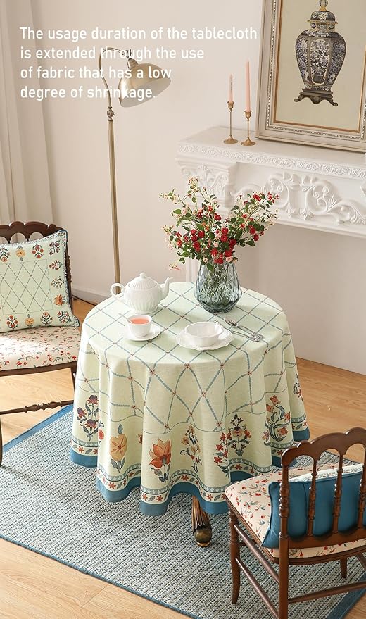 French Tablecloth for Round Tables,Linen Table Cloth with Colorful Flowers and Leaves Pattern,Heavy Durable Soft Table Cover for Dining Kitchen Decor Party Christmas,Diameter 67"