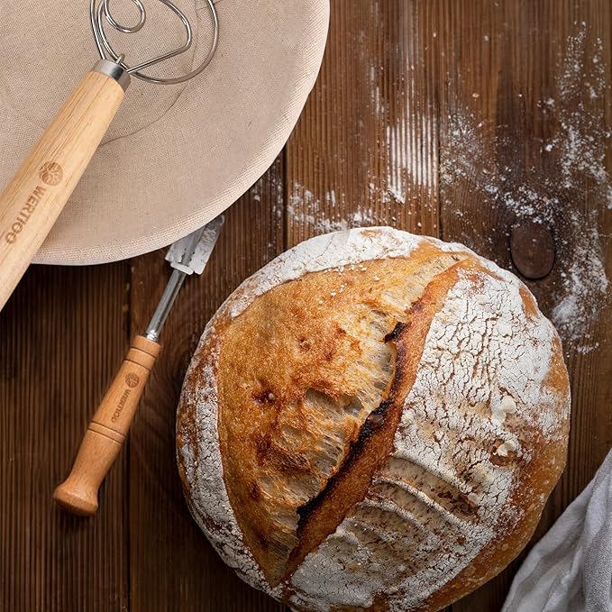 Banneton Bread Proofing Basket Set of 2, 9 Inch Round Sourdough Proofing Basket, Sourdough Starter Kit, Sourdough Bread Baking Supplies with Dough Scraper, Danish Dough Whisk, Bread Lame, Bowl Scraper