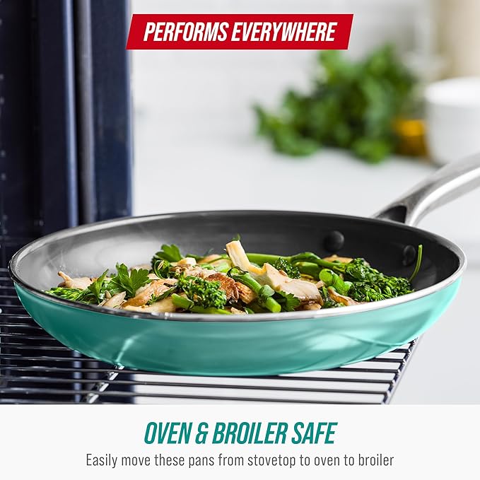 Blue Diamond Frying Pan 8” Skillet, Diamond Infused Healthy Ceramic Nonstick, PFAS and PFOA-Free, Dishwasher and Oven Safe, Even Heating, Metal Utensil Safe, Warp Control Base, Turquoise