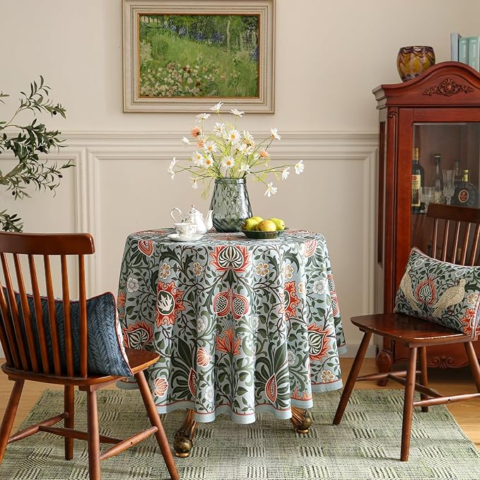 French Tablecloth for Round Tables,Linen Table Cloth with Colorful Flowers Pattern,Heavy Durable Table Cover for Dining Thanksgiving Kitchen Decor Party Christmas,Diameter 67"