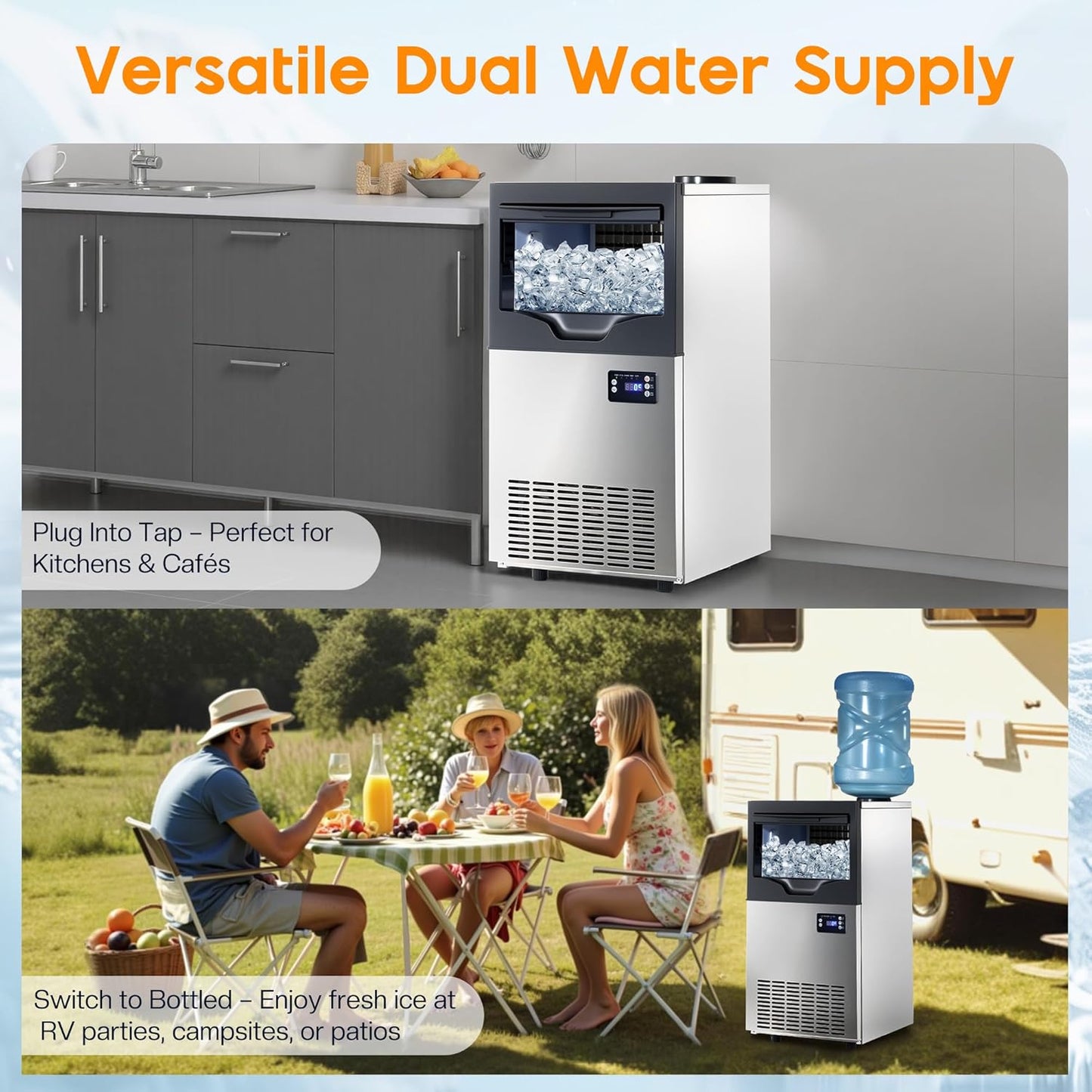 Albott Commercial Ice Maker with 2 Way Water Inlet, 150lbs/24H Freestanding ice Machine Countertop with 24lbs Storage Capacity, Self Cleaning for Home/Bar/Restaurant