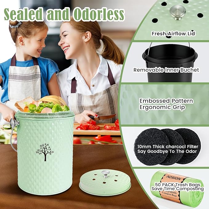 AOSION Countertop Compost Bin Kitchen，Odorless Indoor Compost Bin with Lid and Compost Bags,Compost Bucket Composter Container for Food Waste,Green