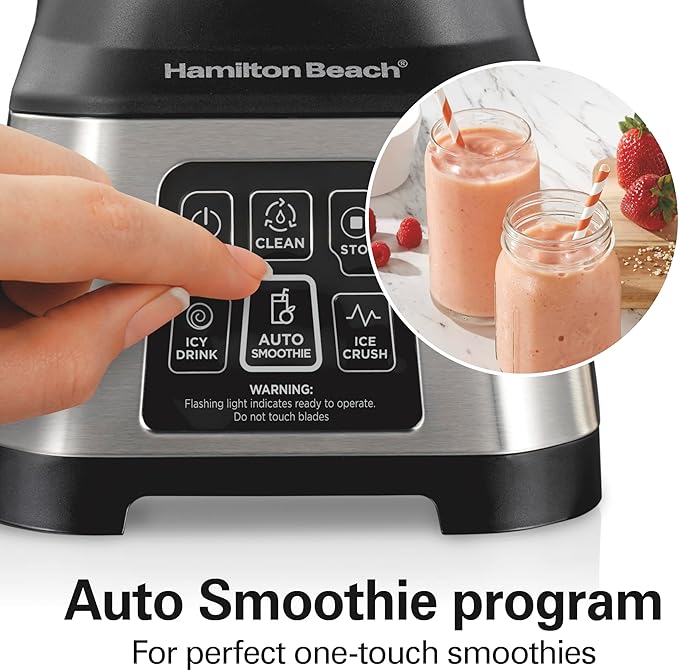 Hamilton Beach Blender for Smoothies with 5 Functions Including Auto Smoothie Cycle, Wave Action System for Ultra Smooth Results, 850 Watts, 40oz BPA Free Glass Jar, Stainless Steel (56208)