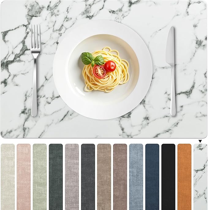 FROMHEART Faux Leather Placemats Set of 6–Waterproof,Heat/Oil Stain-Resistant PU Table Mat–Reversible,Easy to Clean Place Mats for Kitchen,Dining,Indoor/Outdoor,(Marble,11.8" x 17")