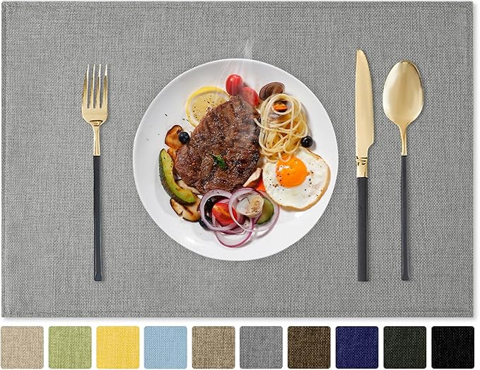 Romanstile Cloth Placemats Set of 4-12 x 18 Inch, Heat Resistant Double Layered Thickened Burlap Place Mats, Washable Faux Linen Farmhouse Table Mats for Kitchen/Dining/Party/Outdoor, Grey