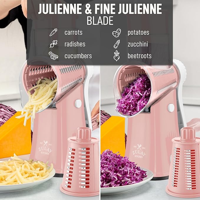 Zulay Kitchen Rotary Cheese Grater 5 Blade Cheese Shredder - Manual Hand Crank Cheese Grater With Reinforced Suction & 5 Interchangeable Drums - Easy to Use, Vegetable Chopper Round Mandoline Slicer