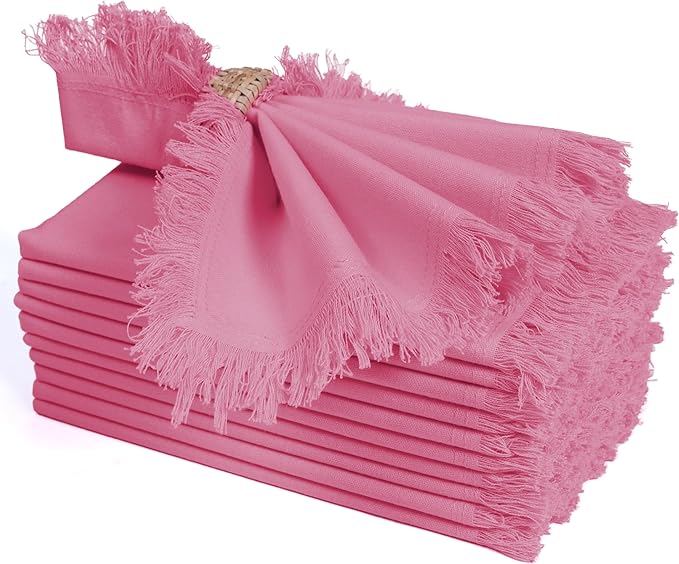 Bedding Craft Cotton Cloth Dinner Napkins Set of 12 – 18x18 Baby Pink with Frayed Selvedge Edges – Reusable Machine Washable Fabric Napkins for Weddings, Baby Showers, Parties & Dining
