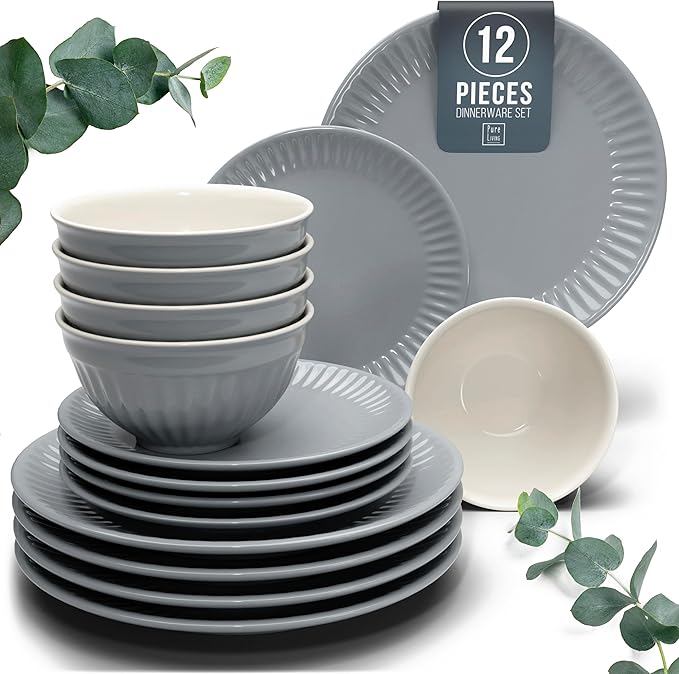 Stoneware Dinnerware Set for 4 People HYGGE 12-Piece - Elegant Scandi Design - Premium Dish Set - Bowl and Plate Set - Tableware for 4 People in a Ribbed Design - Pure Living in Gray-Blue
