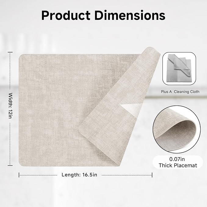 Faux Leather Vinyl Placemats Set of 4 Wipeable Heat Resistant Place Mats 100% Washable - Waterproof - Anti Slip Reversible Table Mats for Kitchen/Dining/Party, 12" x 16.5", Beige