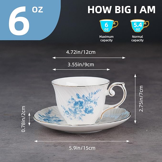 tea cups and saucers ceramic coffee mug 6oz for Coffee, Latte, Cafe Mocha and Tea-Set of 4,Blue
