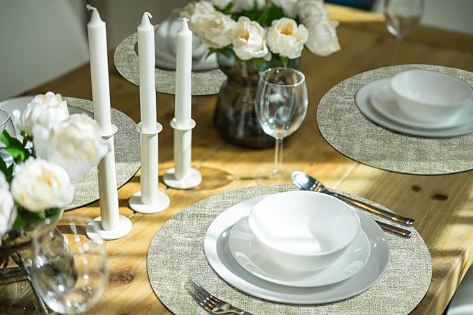 homing Round Faux Leather Placemat and Coaster 6 Packs, Washable Heat Resistant Dining Place Mats, Wipeable Double-Sided Table Mats for Indoor and Outdoor, Diameter 13 and 3.93 inch, Light Green