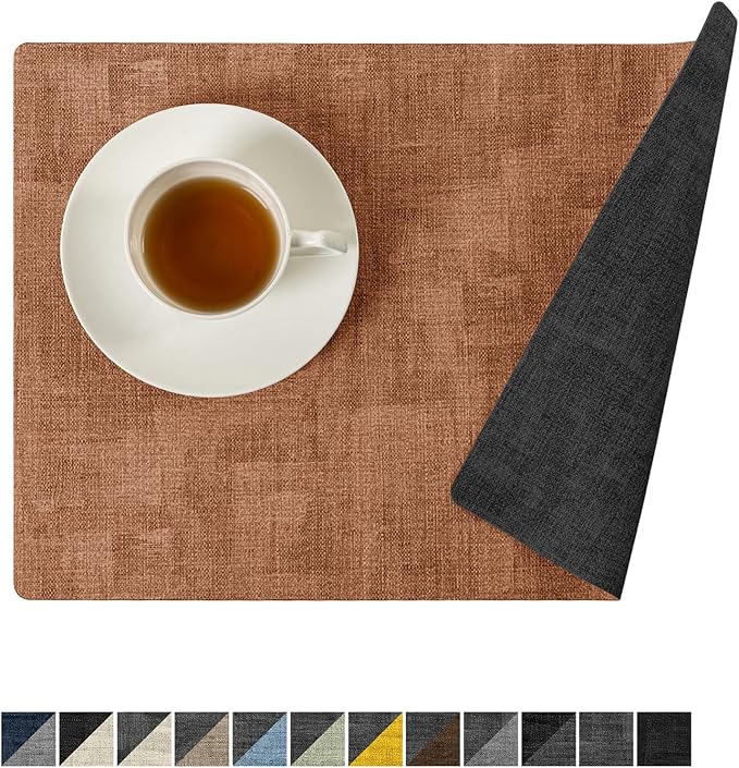 Romanstile Reversible Vinyl Placemats Set of 4, Faux Leather 100% Waterproof Oil-Proof Wipeable Place Mats, Heat Resistant Dual Sided Table Mats for Kitchen/Dining/Party (Grey Orange, 12 x 17 Inch)