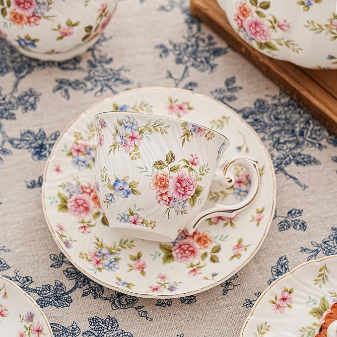 tea cups and saucers ceramic coffee mug 6oz for Coffee, Latte, Cafe Mocha and Tea-Set of 4, white with flowers