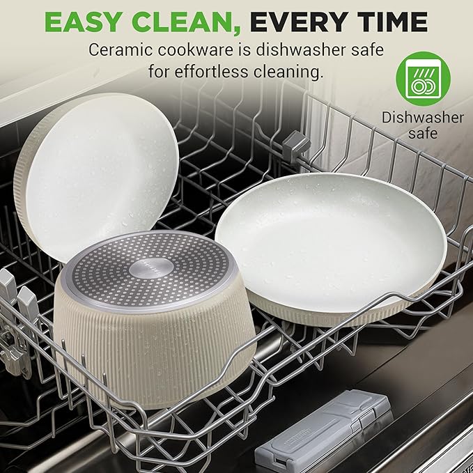 NutriChef 18-Piece Ceramic Cookware Set with Detachable Handles, Non Stick Pots and Pans, PTFE-Free Natural Ceramic Coating, Space-Saving Design, Oven & Stove Safe, Includes Utensils, Green