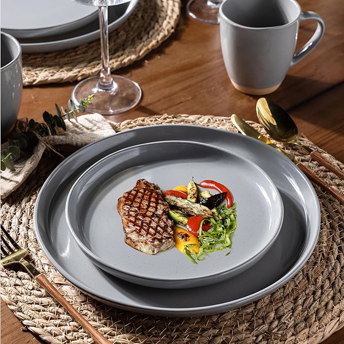 AmorArc Ceramic Dinnerware Sets for 6, 18 Pieces Handpainted Plates and Bowls Set with Rustic Terracotta Underside, Scratch Resistant Stoneware Dishes Set, Dishwasher & Microwave Safe, Gray