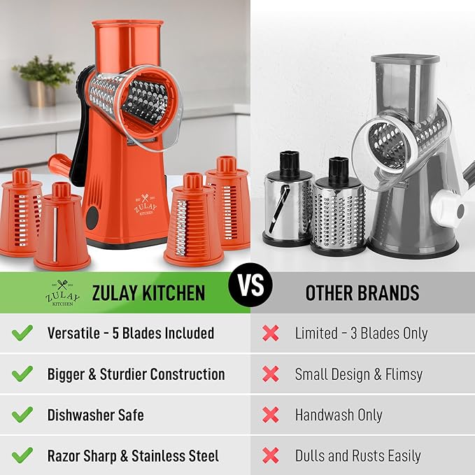 Zulay Kitchen Rotary Cheese Grater 5 Blade Cheese Shredder - Manual Hand Crank Cheese Grater With Reinforced Suction & 5 Interchangeable Drums - Easy to Use, Vegetable Chopper Round Mandoline Slicer