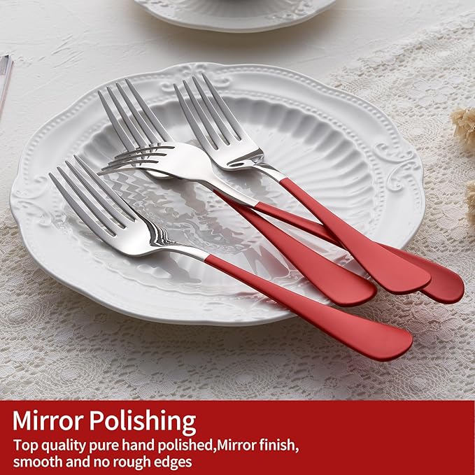 Red Dinner Fork, 18/0 Red handle Stainless Steel Satin Finish 8.1-inch Silverware Flatware Fork Set, Set of 12, Dishwasher Safe