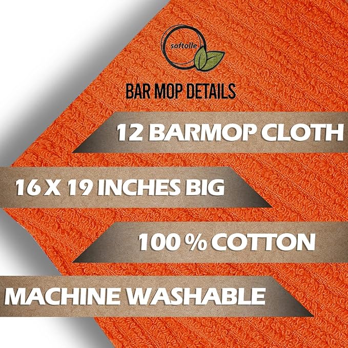 Softolle Bar Mop Towels, Pack of 12-16x19 Inches - 100% Cotton Super Absorbent Towels, Multi-Purpose for Home and Bar Cleaning (Orange)