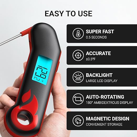 Professional Meat Thermometer, Instant Read in 0.5 Sec, NIST Certified Accuracy ±0.5°F, IP67 Waterproof, Ambidextrous Backlight & Auto-Rotating Display, for BBQ/Grill/Cooking, Black&Red